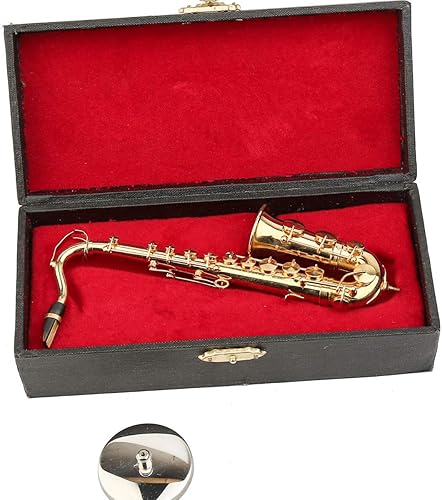 Miniatura 13 de Saxofón en miniatura con soporte y estuche de latón, réplica de mini instrumentos musicales, figuras coleccionables, accesorios de casa de muñecas