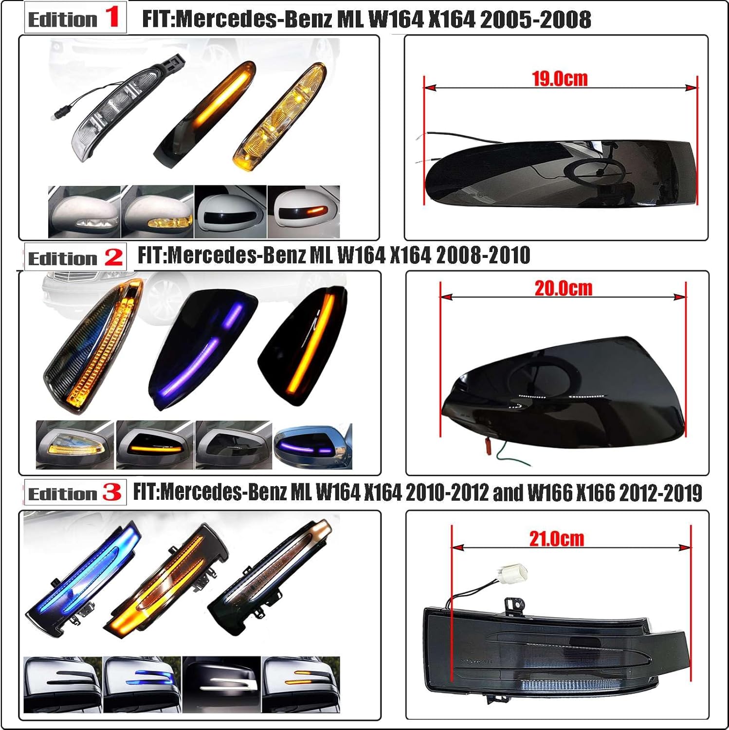 2Pcs Turn Signal Light 05-08 for Mercedes-Benz M class ML280 ML300 ML320 ML350 ML420 ML450 ML500 ML550 ML63 2005 2006 2007 2008 LED Amber Mirror Cover Len blinker