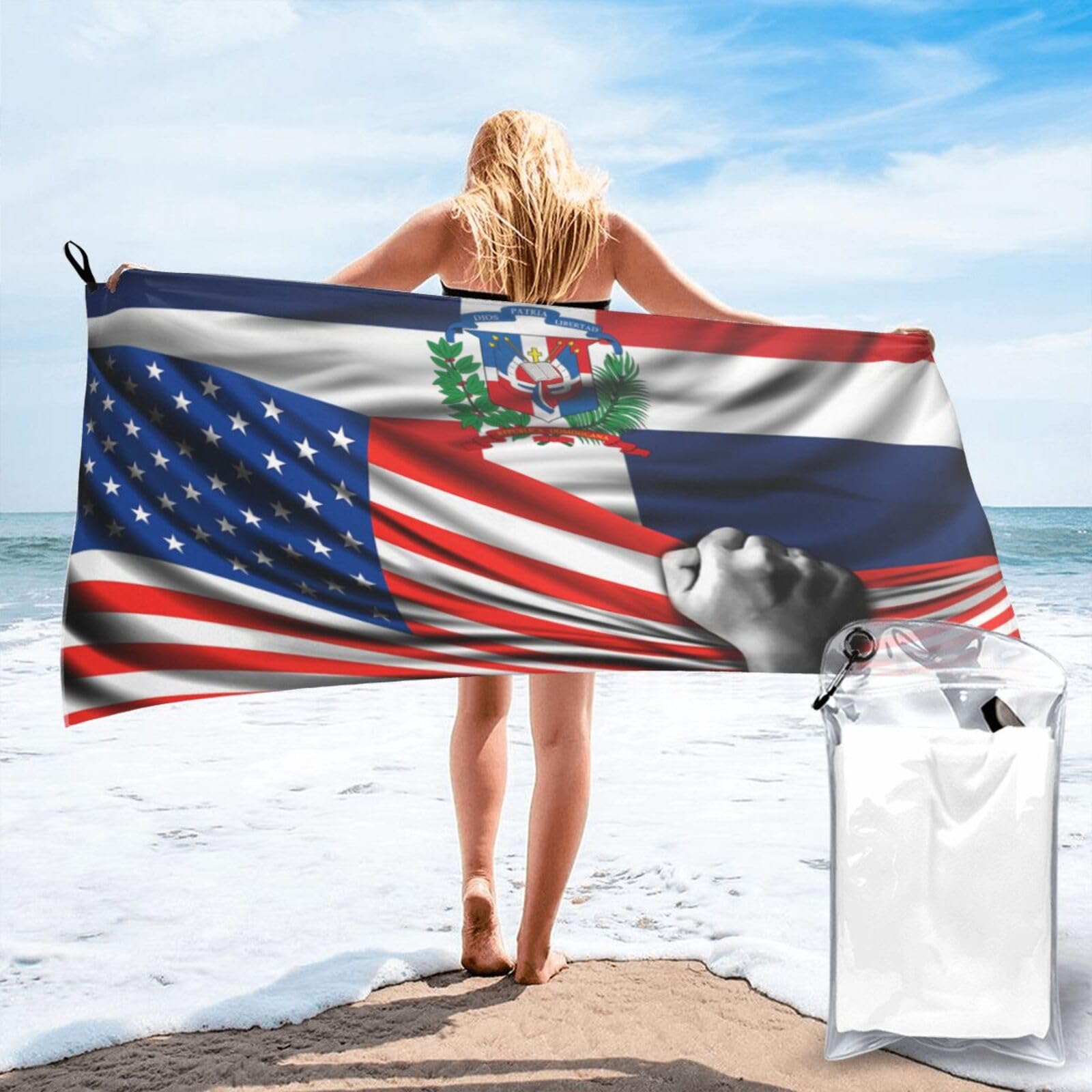 HACXZ Beach Towel America Flag and Dominican Republic Flag Microfiber Beach Towel Lightweight Absorbent 31.5"X63"