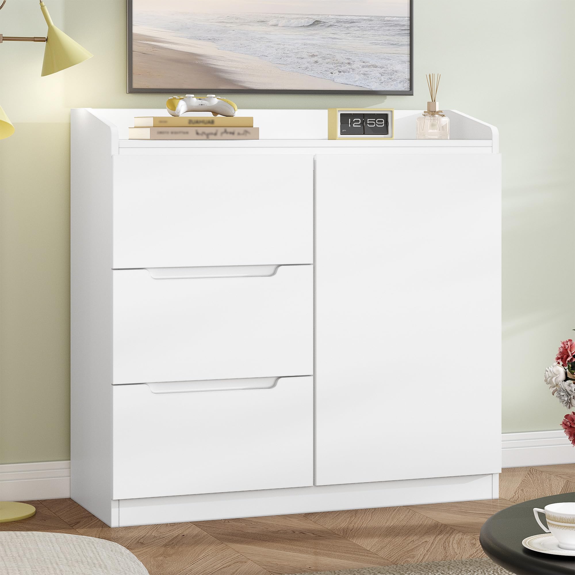 Hzuaneri Commode 40 x 80 x 87 cm 3 tiroirs 1 Porte rambarde Blanc