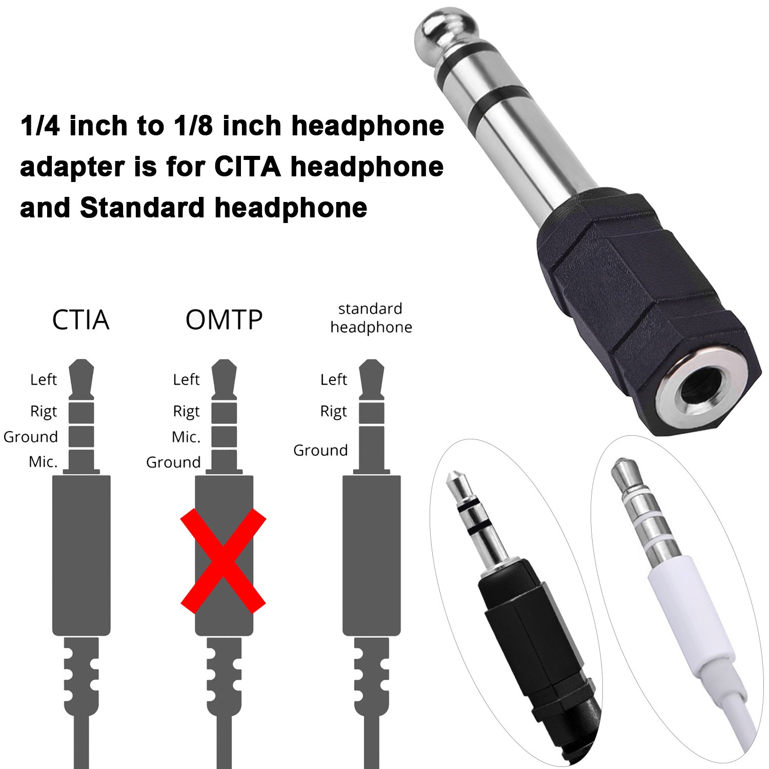 Adattatore Audio Jack 6,35 Mm Maschio A 3,5 Mm Femmina (5 Pezzi) - Stereo, Nero, Per Cuffie E Strumenti