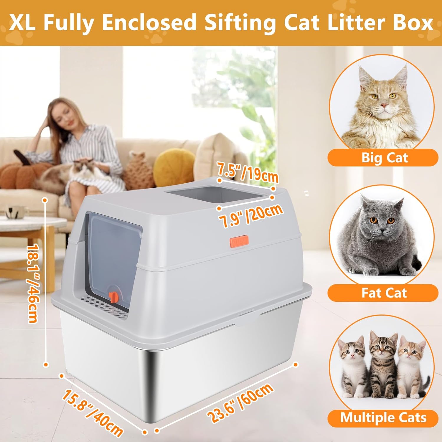 Stainless Steel Sifting Litter Box with Lid,23.6''x15.8''x8''Large Pellet Cat Litter Box,Metal Sifting Litter Boxes for Pine Pellets,Anti Urine Leakage,Include Foot Pedal&Scoop&Litter Bags