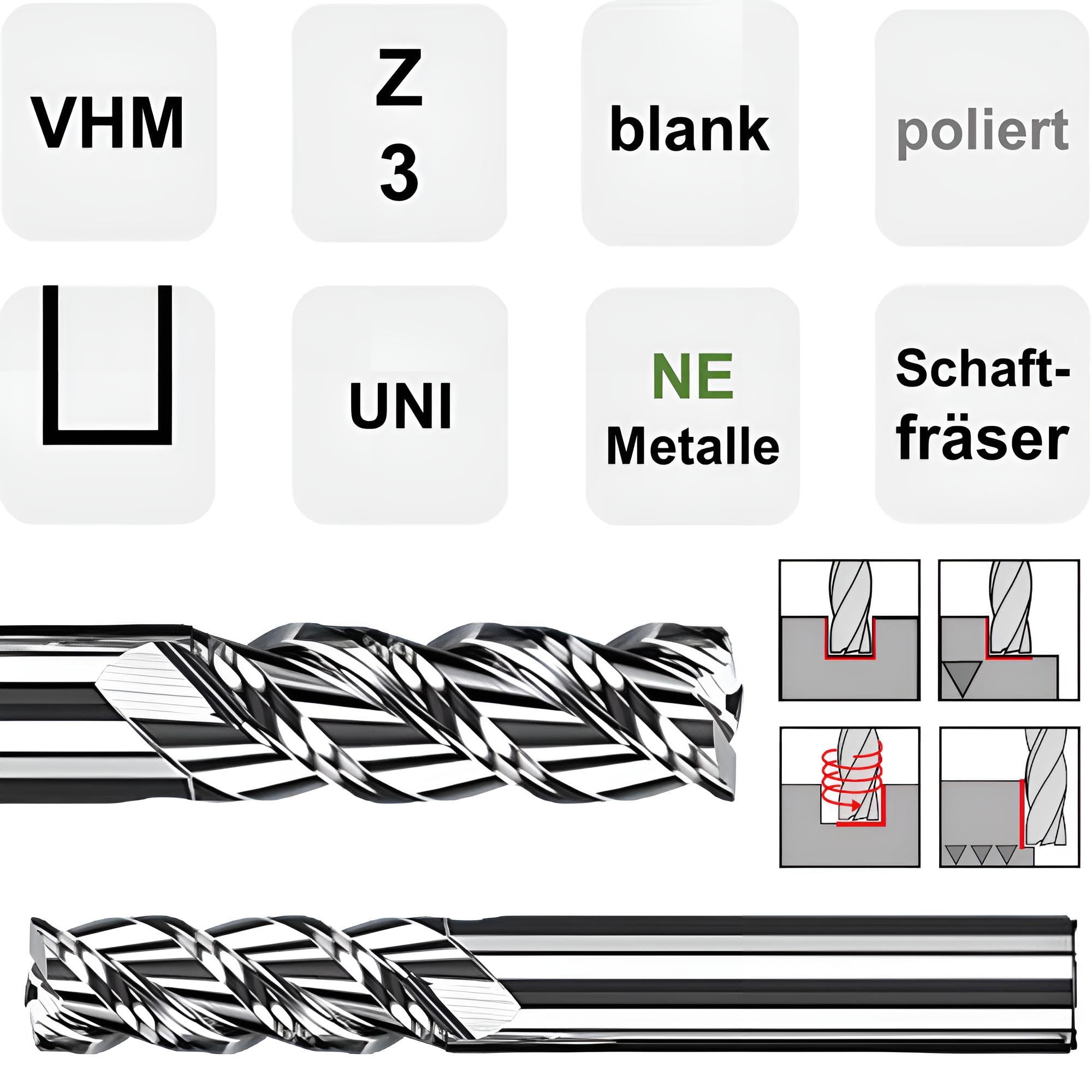 Frez VHM, Z=3, polerowane naprężenie, gładkie, ostre Ø 1-20 mm do aluminium, miedzi, MDF (12,0 x 45 x 100 - d2=12 mm XL)