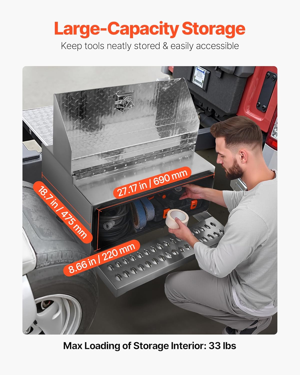 VEVOR Semi-Truck Step Tool Box, 30" x 29.5" x 15.8" Heavy Duty Aluminum Diamond Plate Toolbox, Waterproof Cab Entry Step Storage Box with T-Handle Lock & Keys for Flatbed, Crane, and Semi Trucks