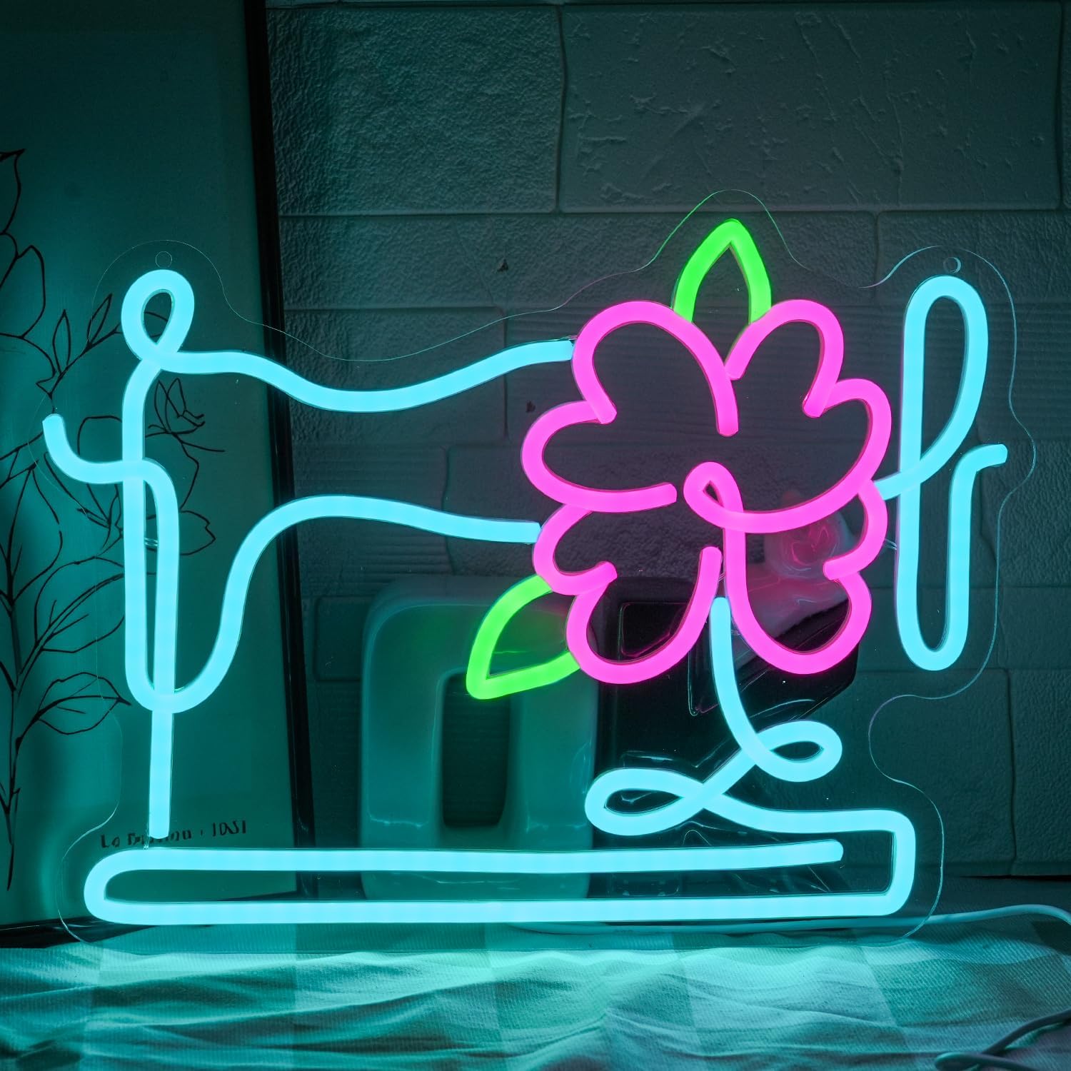 Floral Sewing Machine Neon Sign for Wall Decor Colorful Floral Led Sign Tailor Sewing Machine Led Light Flower Neon Light for Bedroom Girls Room Tailor Shop Craft Room Flower Shop