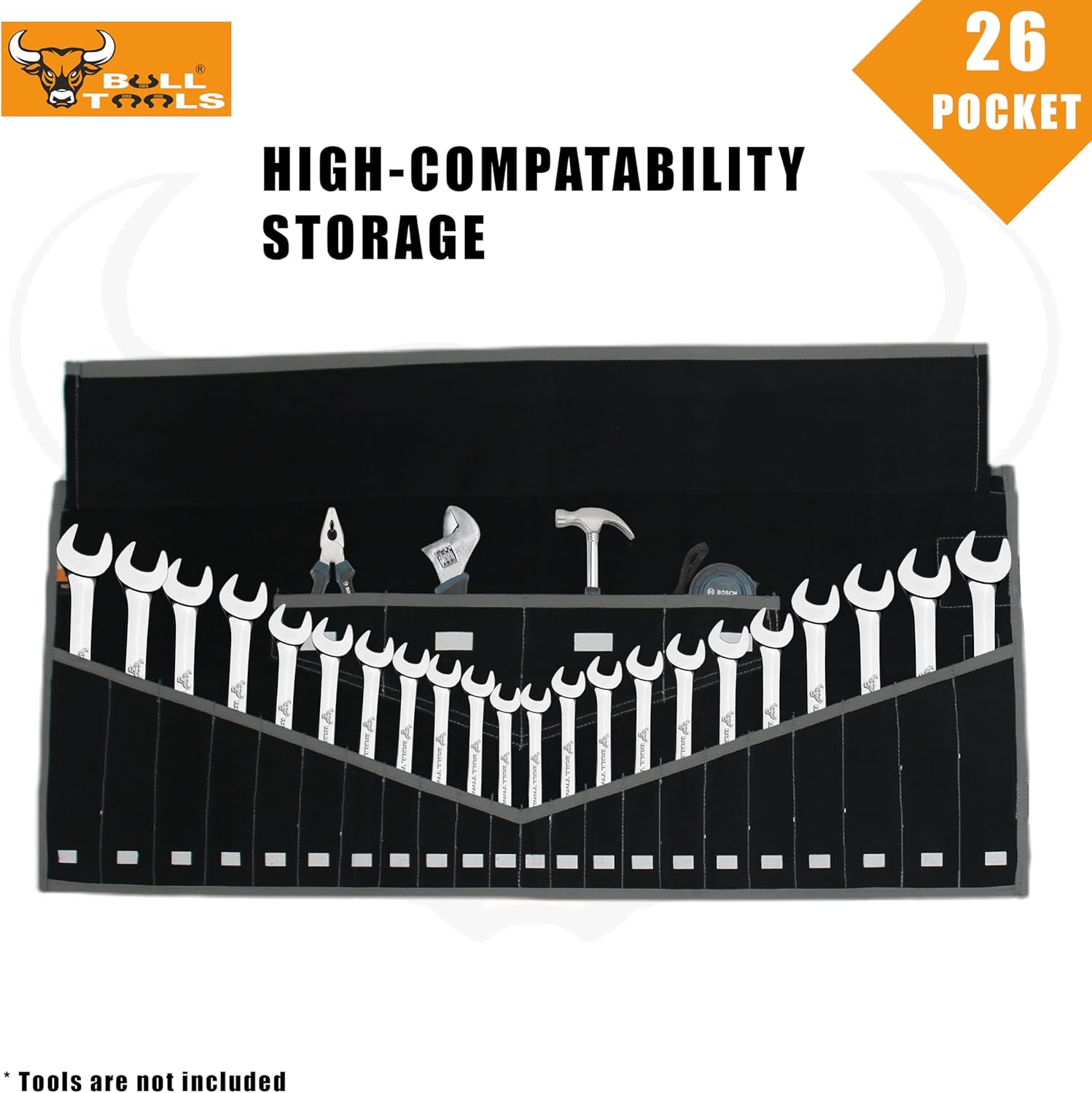 Tool Set Organizer, Tool Kit Pouch with 26 Pockets Wrench Set Organizer, Metric & SAE Durable Cotton Canvas, Roll-Up Tool Bag for Mechanics, DIYers & Electricians (Tools Not Included) BULL TOOLS
