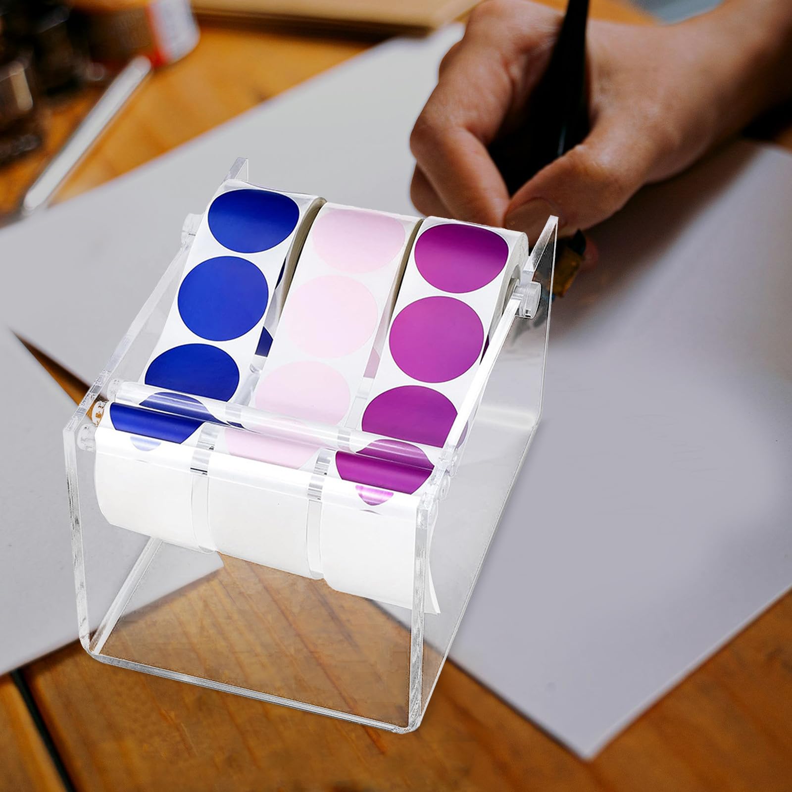 Nachfüllbarer Klebebandrollen Organizer mit Verstellbarem Etikettenspender und Acrylgehäuse Geeignet für Büro und Werkstatt mit Spannungsregelung für Aufkleberrollen