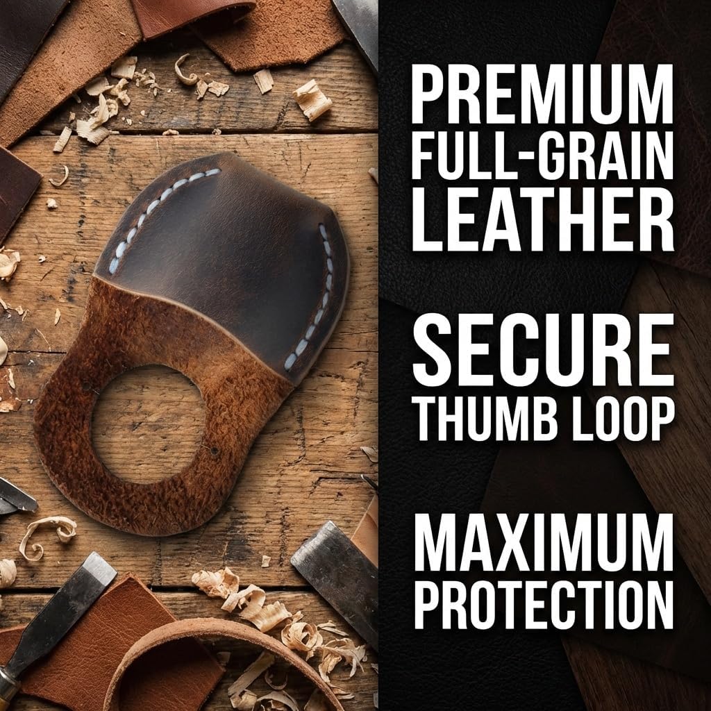 Toprank Leather Thumb Guard for Wood Carving - Premium Full Grain Leather Finger Protector, Handmade Carpenter Carving Kit Accessory (Tan)