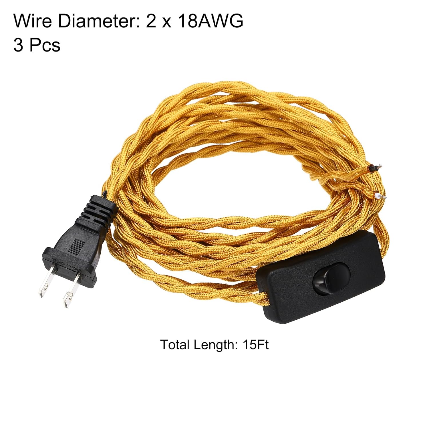 uxcell 15Ft 18/2 Cloth Covered Lamp Cord with Plug, 3 Pcs Vintage Electrical Lamp Cord with Stripped Ends for Extension Wiring DIY Repairing, Golden