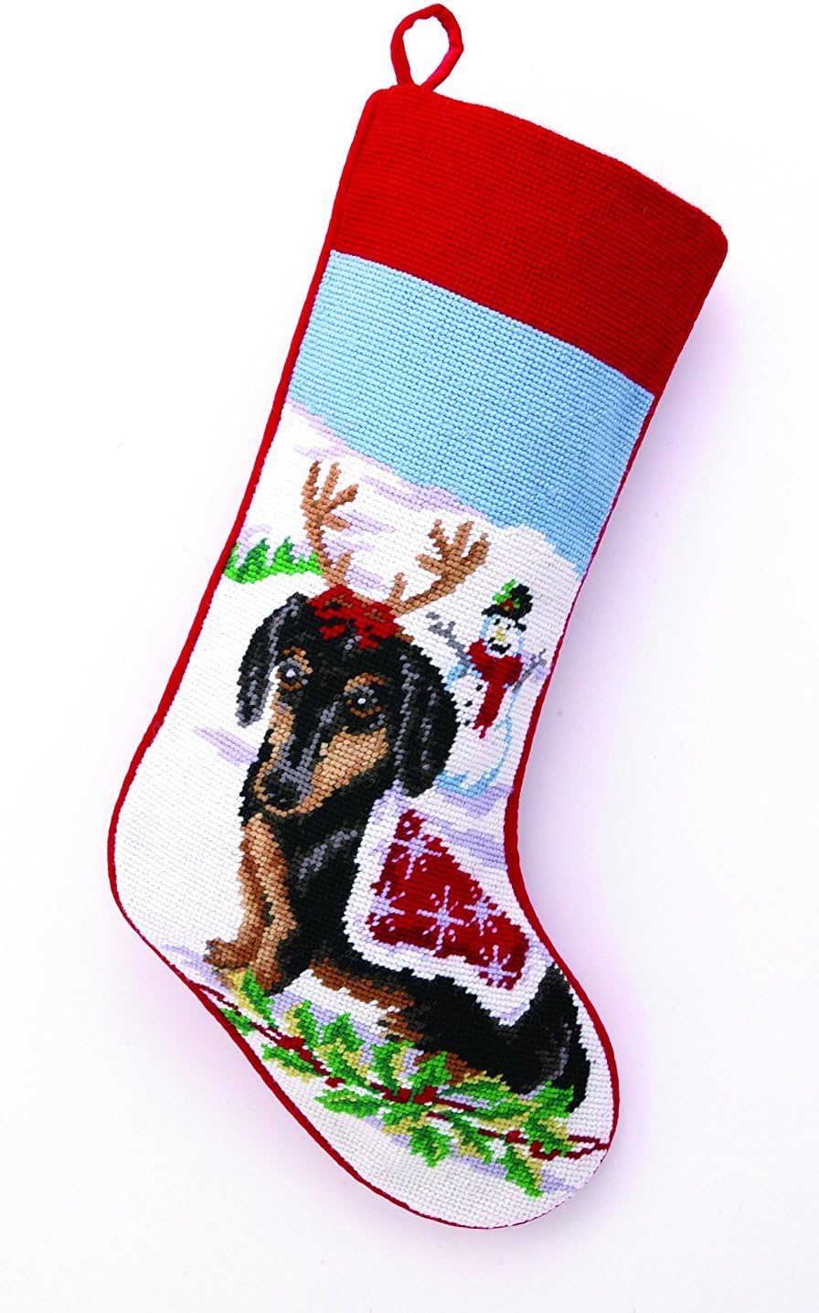 Black and Tan Dachshund Dog Wool Needlepoint Christmas Stocking, 11 x 18 inch