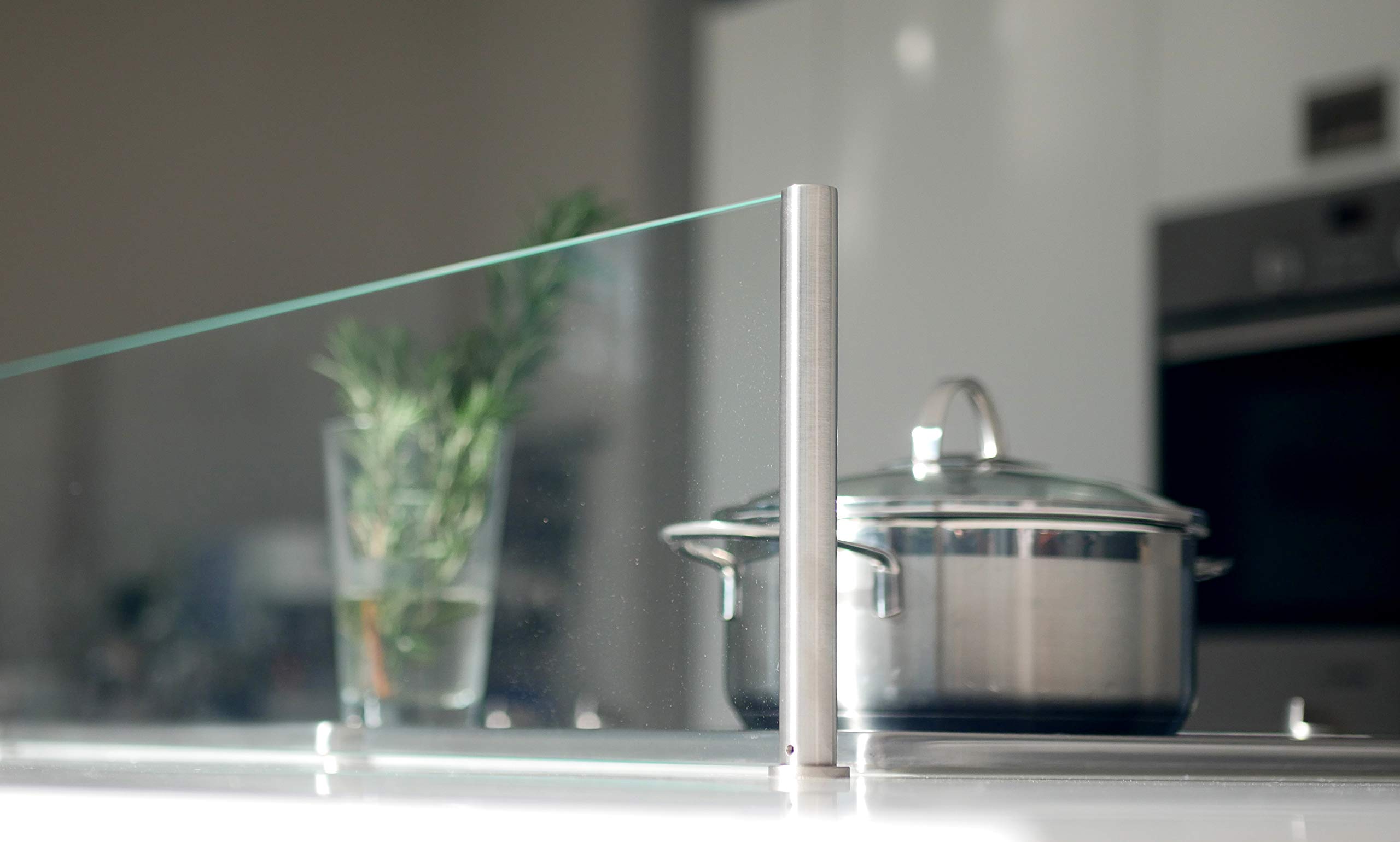 Freistehender Spritzschutz | ESG-Sicherheitsglas | Kochinsel & Herd | Schlichte Halterung | Edelstahleffekt oder Schwarz | Kücheninsel | 60, 80, 90cm (Edelstahleffekt, 60 cm)