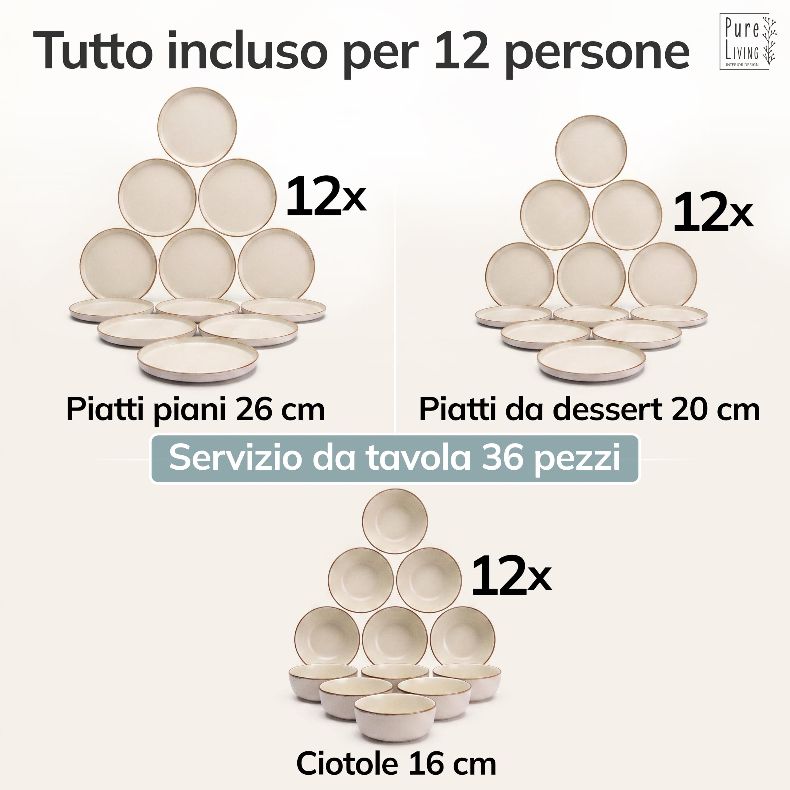 Set di Piatti in Ceramica per 12 Persone Rustic 36 Pezzi - Design Rustico e Moderno, Lavabili in Lavastoviglie - Set di Ciotole e Piatti Colorati - Pure Living beige