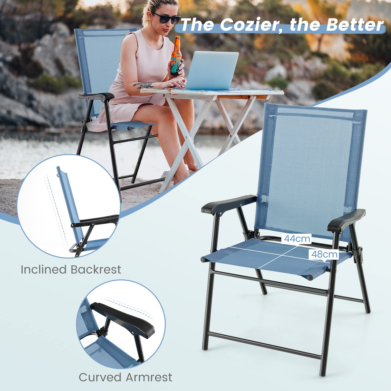 GIANTEX Set di 2 sedie da giardino pieghevoli, pieghevoli, con schienale alto e bracciolo, resistenti alle intemperie, in metallo e tessuto, portata fino a 150 kg (azzurro)