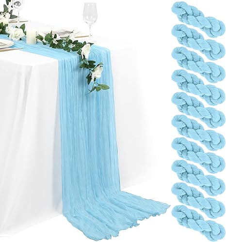 10 paquetes de camino de mesa de estopilla Baby Blue, 35x120 pulgadas, gasa rústica azul claro, camino de mesa bohemio para boda, decoración de mesa