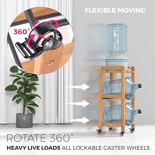 Miniatura 5 de Soporte para jarra de agua de 3 niveles y 5 galones con estante superior, 4 ruedas de metal o pies ajustables, soporte de piso dispensador de agua