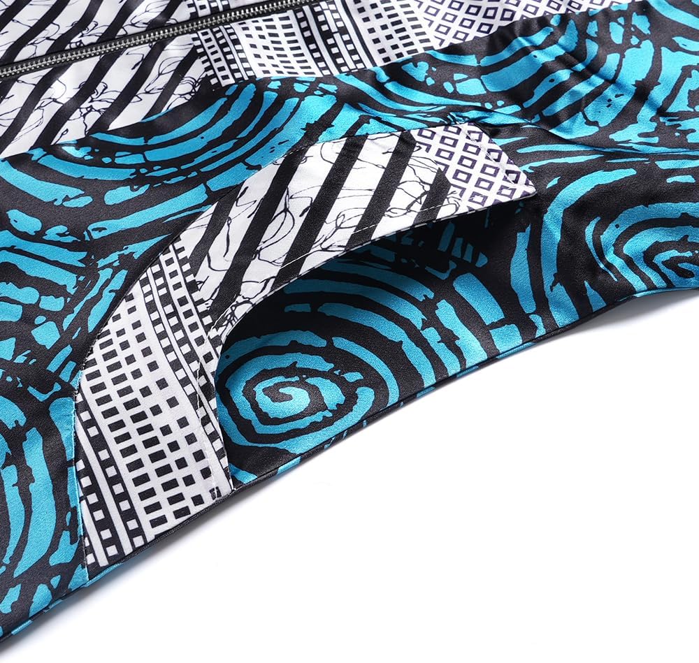 HD African Blue Print Boubou Dress for Woman Front Slit Zip Kaftan Casual Gown Short Sleeves 3XL - Image 4