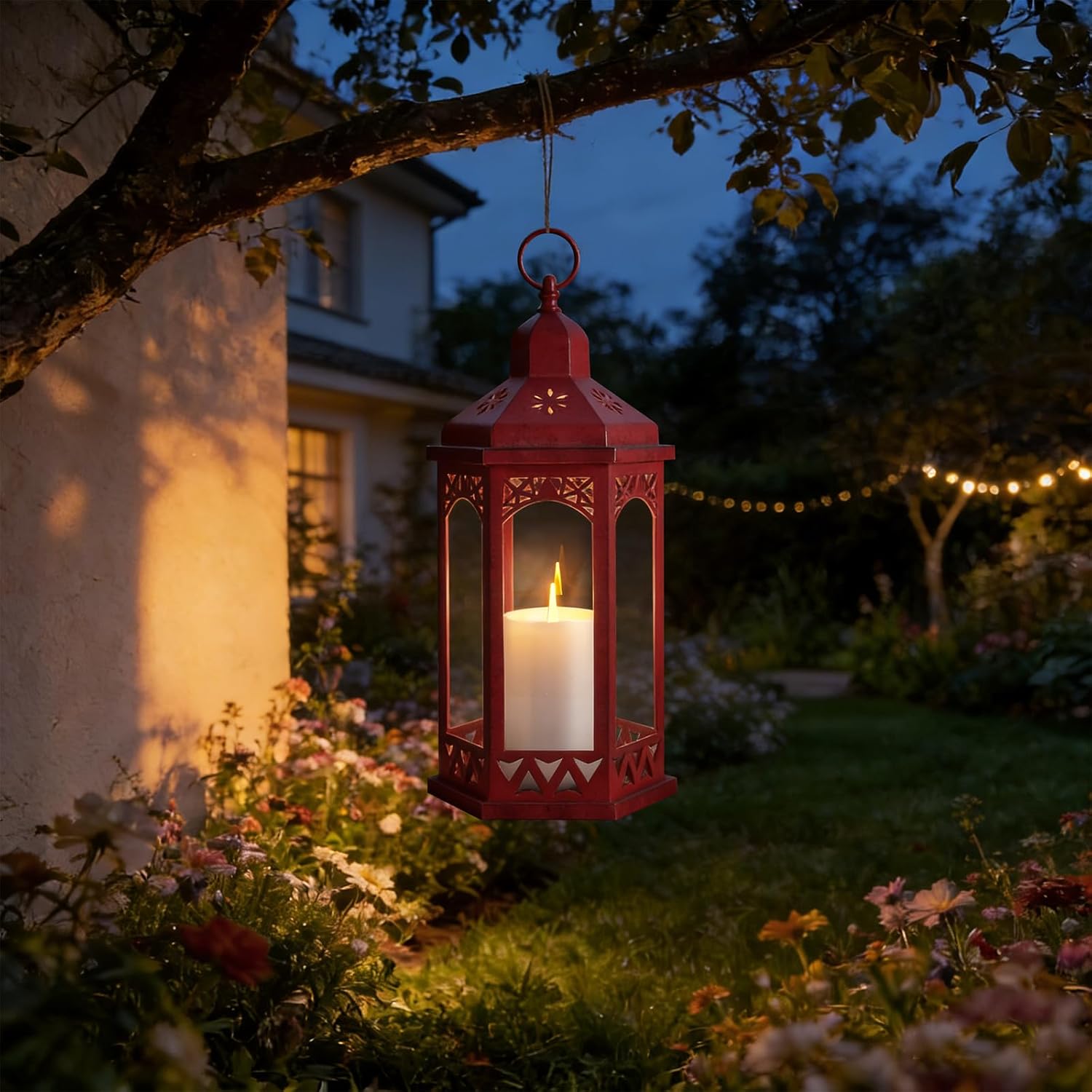 Candle Lanterns Outdoor, Lanterns Decorative Indoor for Porch with Flickering LED Candles, Hexagonal Battery Operated Lighting with Hanging Hook, Perfect for Party Decor