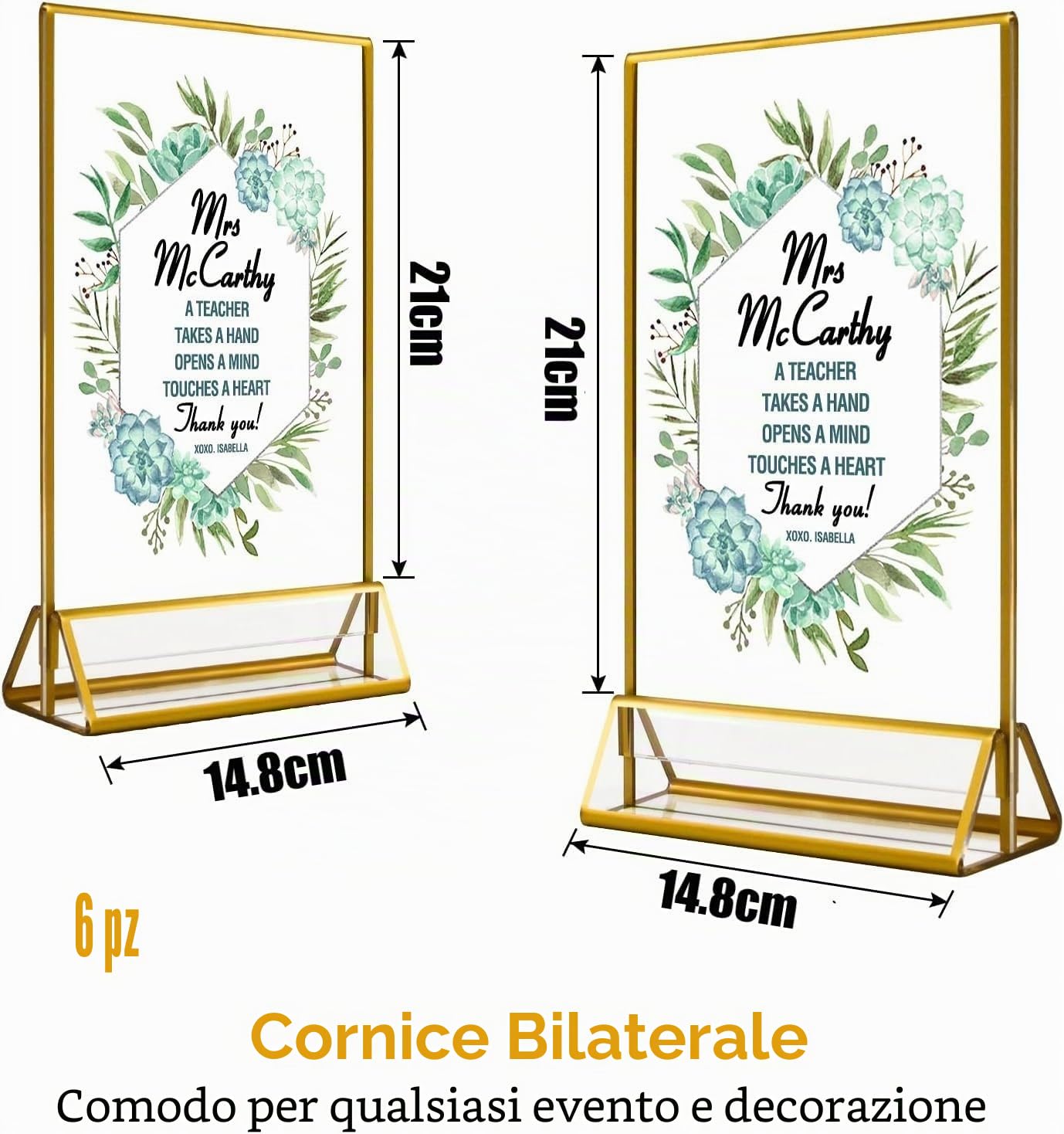 LATERN 6 Pezzi Porta Segnaletica in Acrilico Trasparente con Bordo Dorato, 15CM x 21CM Portamenu da Tavolo Bifacciale Cornici per Foto con Supporto Verticale per Insegne Numeri del Tavolo di Nozze