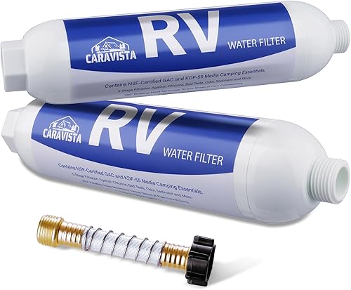 Filtro de agua para autocaravana, filtro de agua en línea con protector de manguera flexible, certificado NSF y ANSI 42, esenciales de campamento