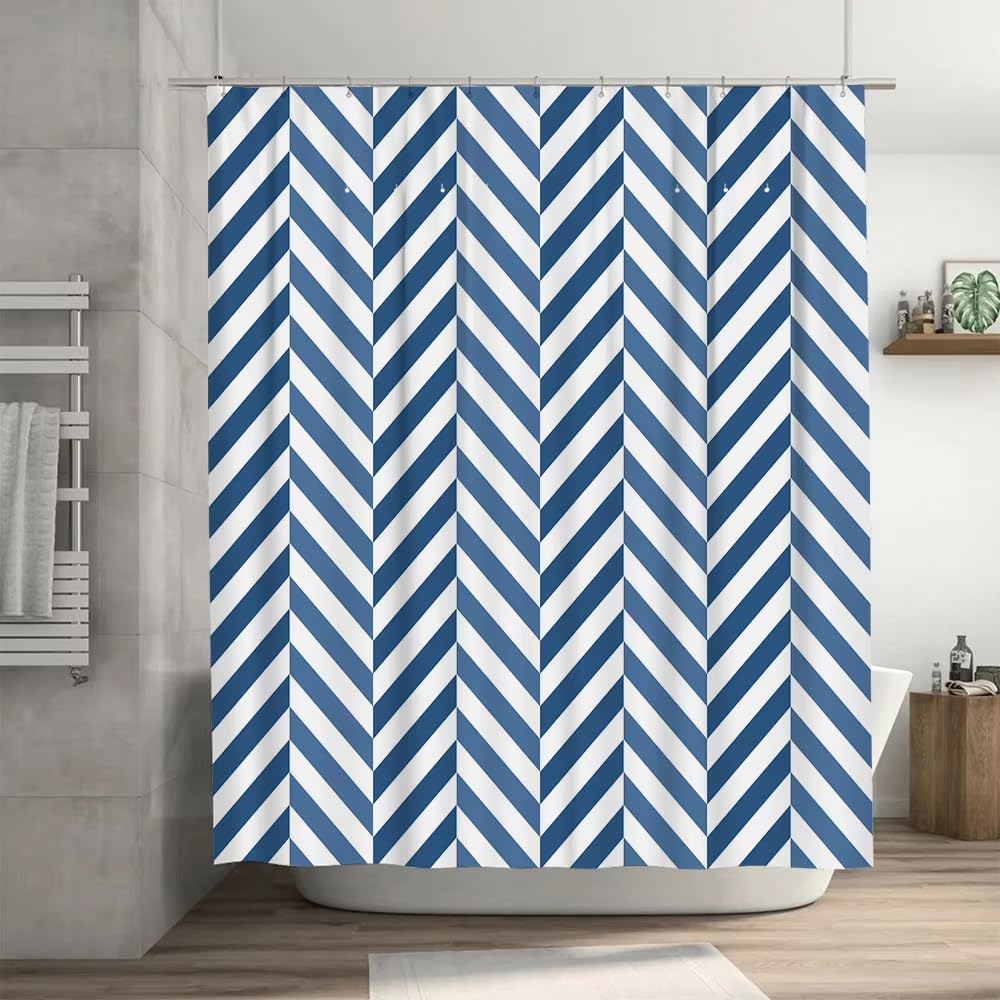 Rideau de Douche 240x200 Géométrique Bleu Et Blanc,Rideau de Salle de Bain Géométrique Moderne Et Simple - Rideau de Baignoire en Polyester Imperméable avec Crochets Bleu