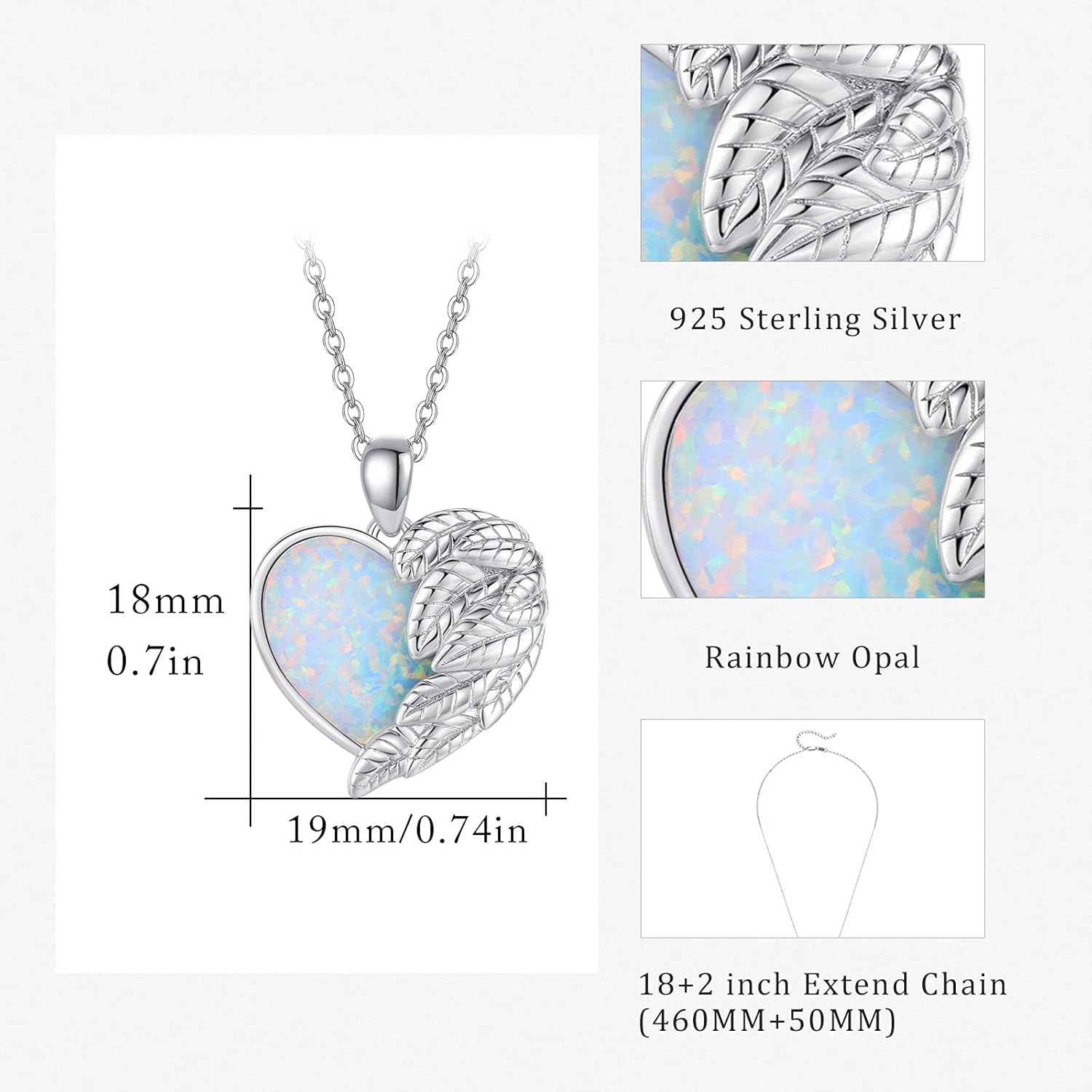 CUOKA MIRACLE Heart Necklace Angel Wing Heart Opal 925 Sterling Silver Women Pendant Guardian Angel Wings Pendant Necklace Dainty Opal Jewelry Birthday Gifts for Mom Women - Image 4