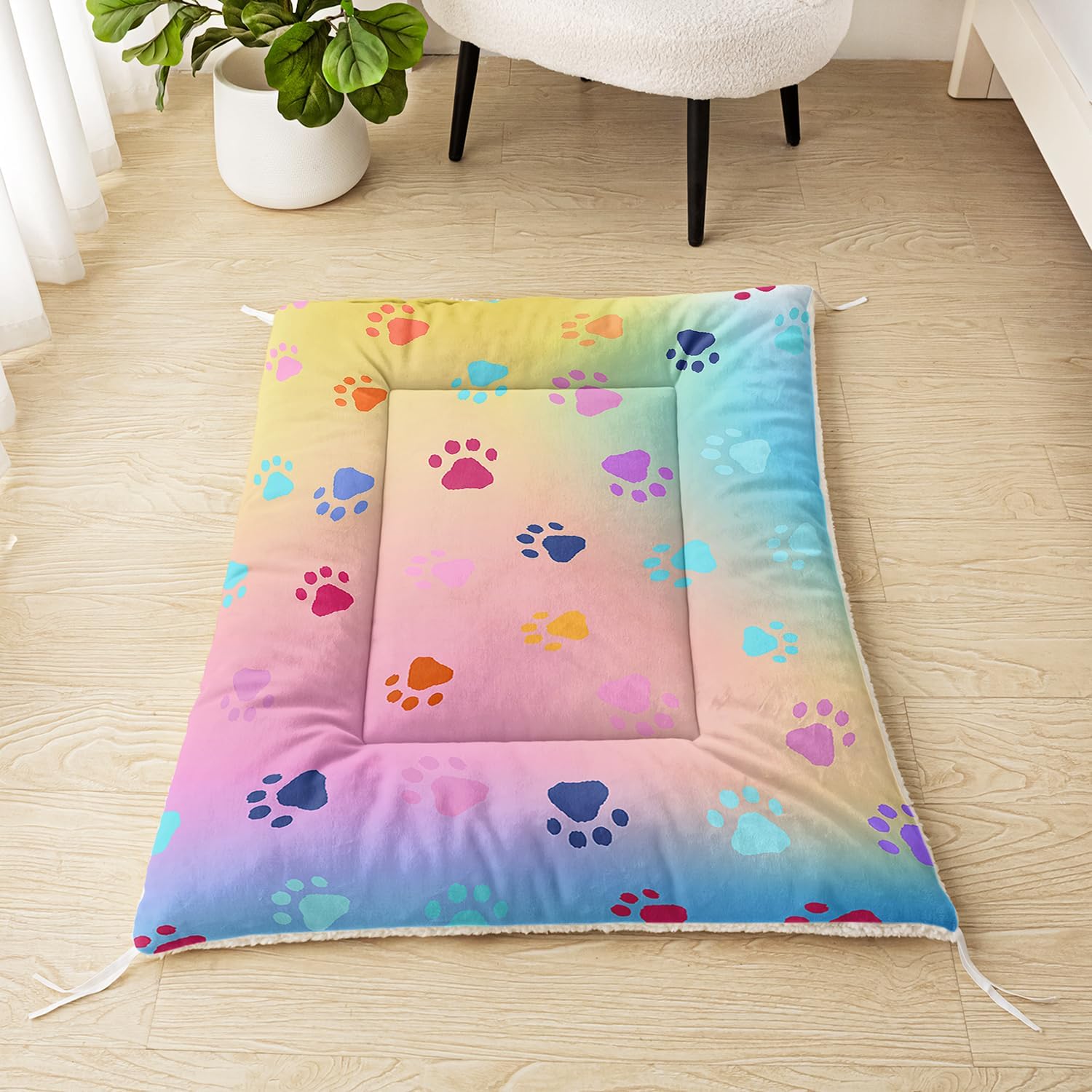 Rainbow Paw Print Dog Bed Mat - Soft Fleece Crate Pad for Dogs & Cats - Washable Kennel Bed Liner - Cute Puppy Kitten Cushion - Anti-Slip Pet Sleeping Mat (L)