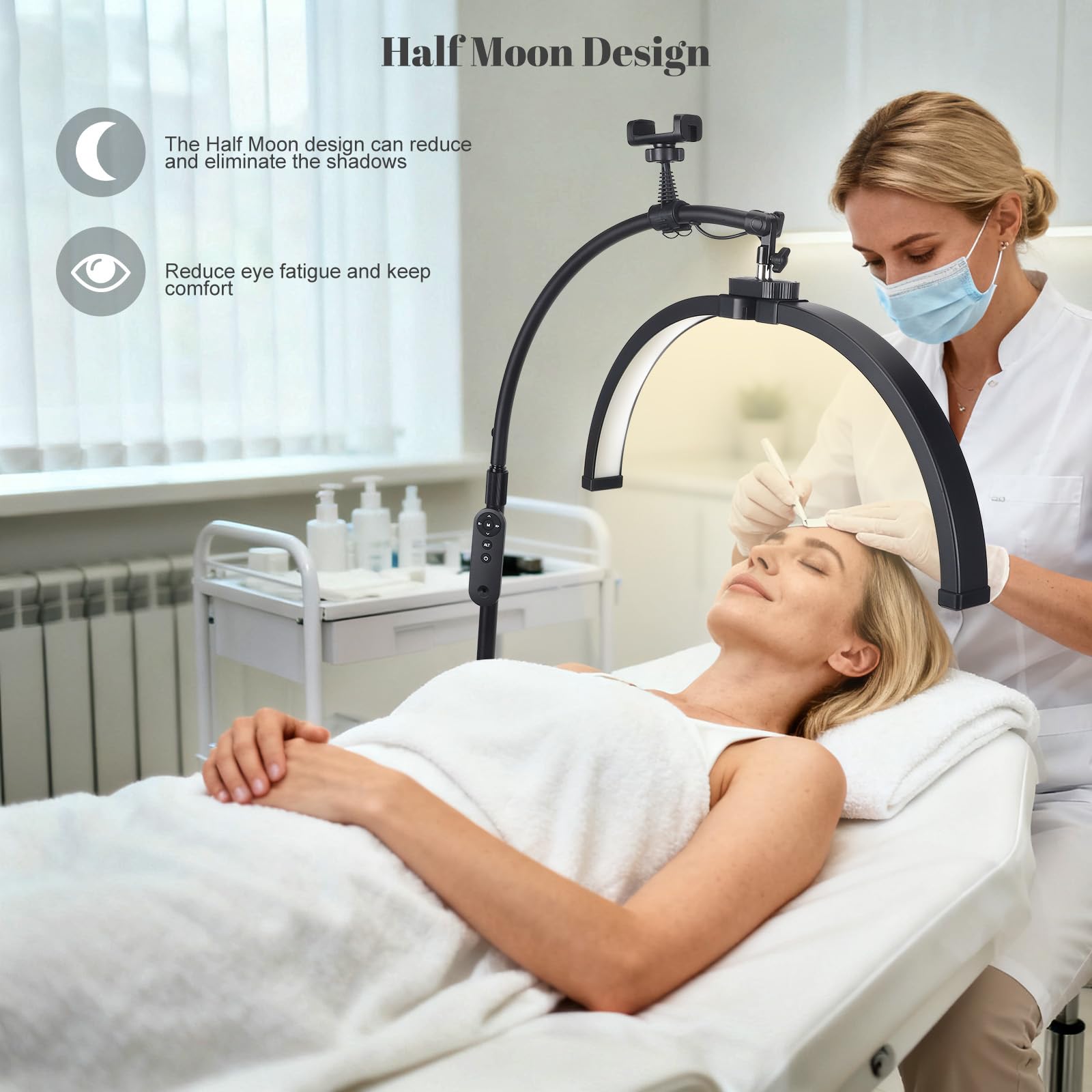 LED Half Moon Lampe, Faltbare Kosmetik Lampe mit Telefonhalterung,360° drehbarer Lichtkopf,3 Farbtemperaturen & 10 Helligkeiten, Halbmond-Ringlampe für Schönheit, Tattoo, Hautpflege, Augenbrauen