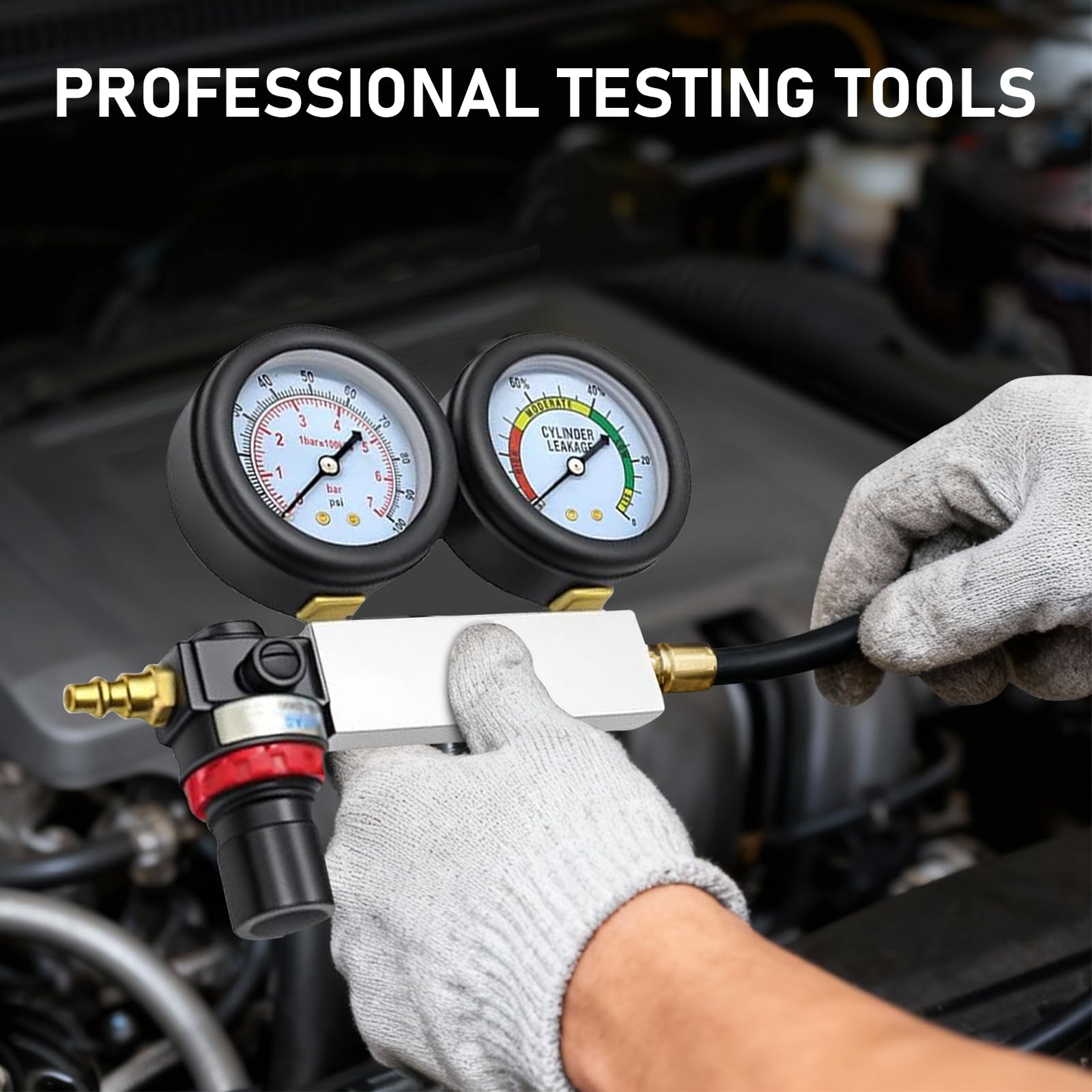 Kompressionstester Kompressionsmessgerät für Benzin Motor Zylinder Leck Tester Kit, Benzin Motor Leck Tester Kit mit Verlängerungsstange, Kompressionsmesser für Druckprüfung und Leckrate Test, 100PSI
