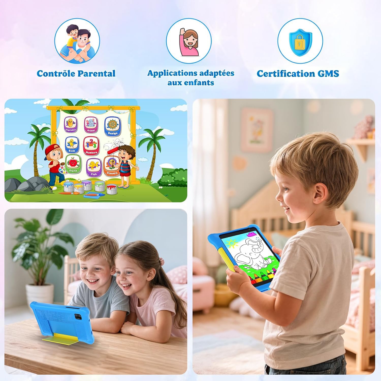 Tablette Enfants 7 Pouces Android Tablette Éducative pour Enfant avec Écran HD 5 Go RAM + 32 Go ROM (TF 128 Go) Contrôle Parental WiFi, Bluetooth Cadeau Fille Garçon avec Étui Antichoc (Bleu)