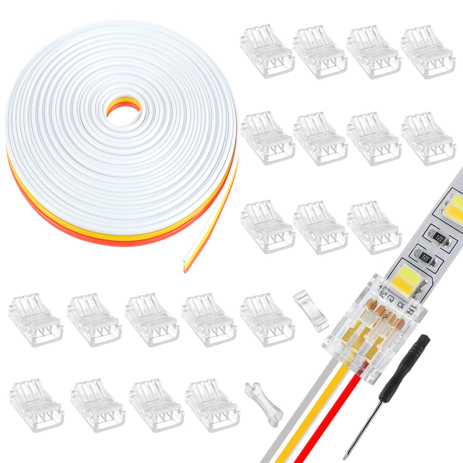 EPLZON 3 Pin 10 mm LED Strip Connector LED Light Quick Connector RGB Lights Adapter Clear Unwired Gapless Track Lighting Connector with 5M/16.4ft Cable(20pcs)