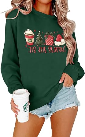 Christmas Sweatshirts for Women Funny Christmas Tops Merry And Bright Xmas White Long Sleeve Graphic Pullover