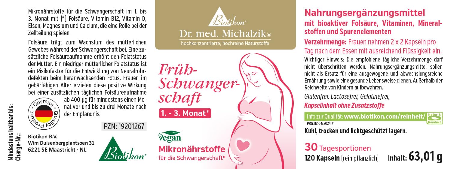 Frühschwangerschaft Dr. Michalzik, 800 µg Folsäure, 150 Kapseln | Mit Folsäure, DHA, Eisen und Calcium • vegane Kapseln • eigene deutsche Produktion • ohne Zusätze
