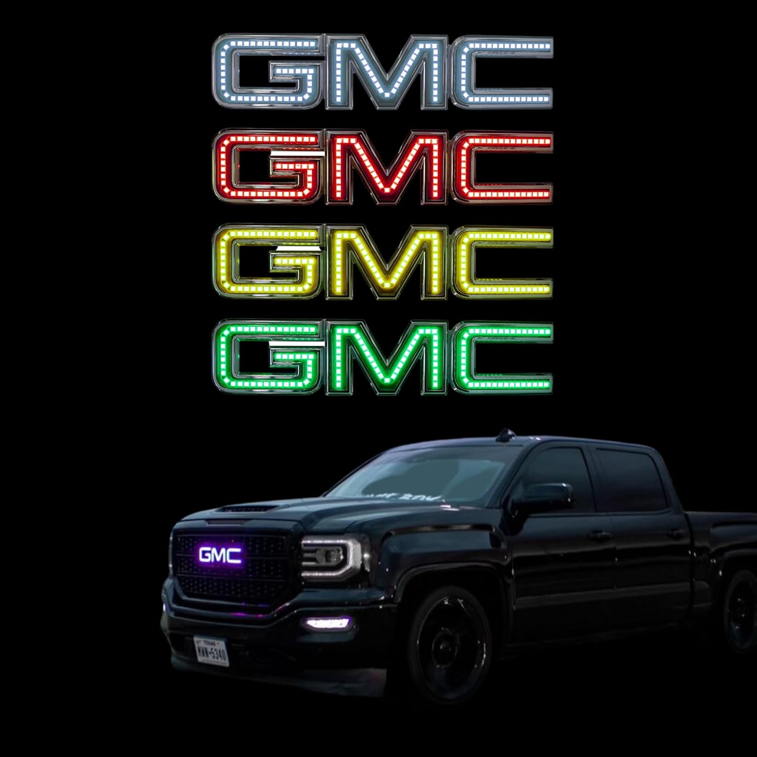 RGB Halo Kits Multicolored LED Logo to fit GMC Front Emblem - Illuminated Truck Logos 2007-2018 Sierra Models - Replacement to fit GMC Emblems for Trucks - LED Truck Logo Emblems - Made in USA
