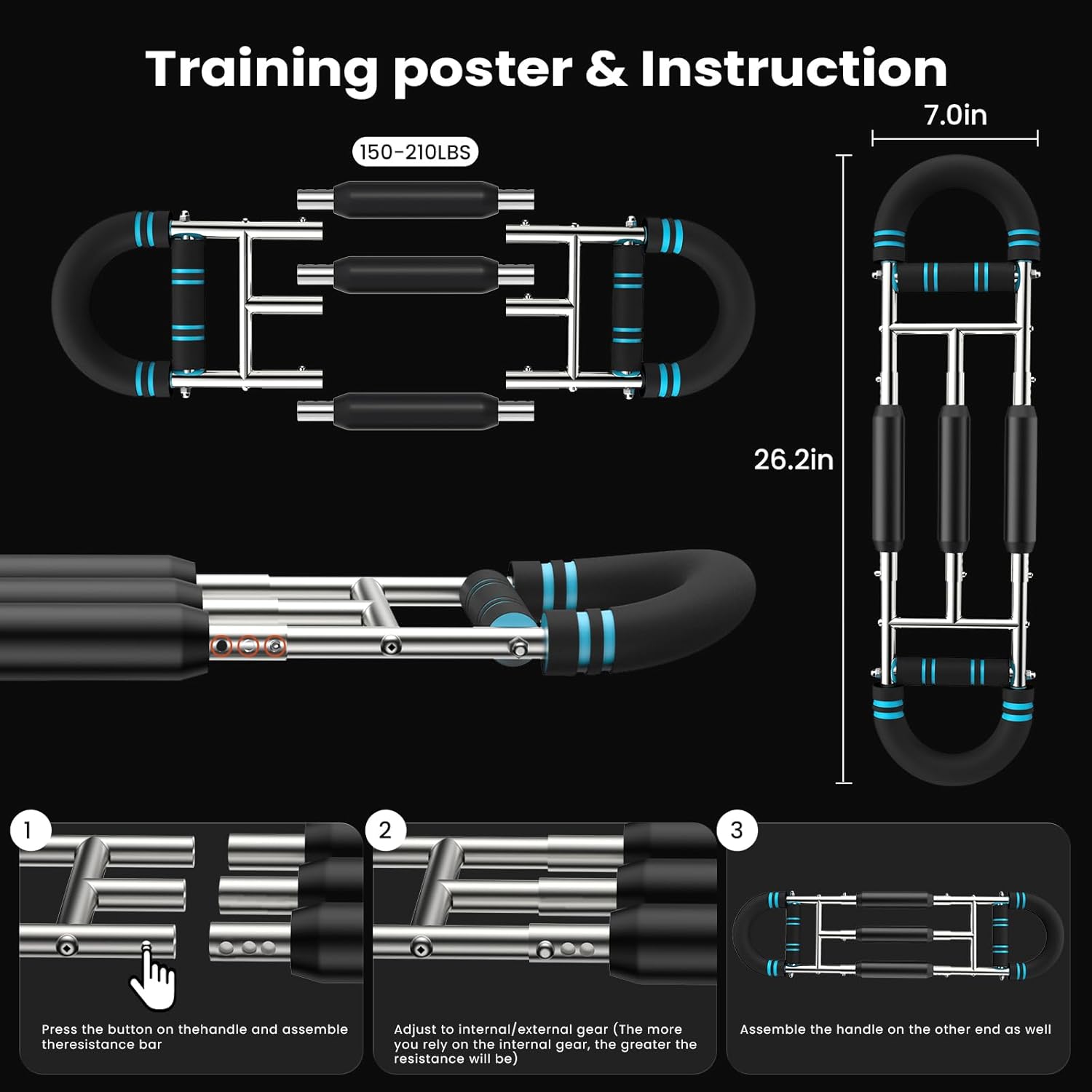 Adjustable Twister Arm Trainer with 3-4 Springs & Workout Guide, 6-12 Resistance Levels (40-210 lbs) –Portable Chest & Upper Body Strength Trainer for Men & Women, Home Gym Muscle Builder