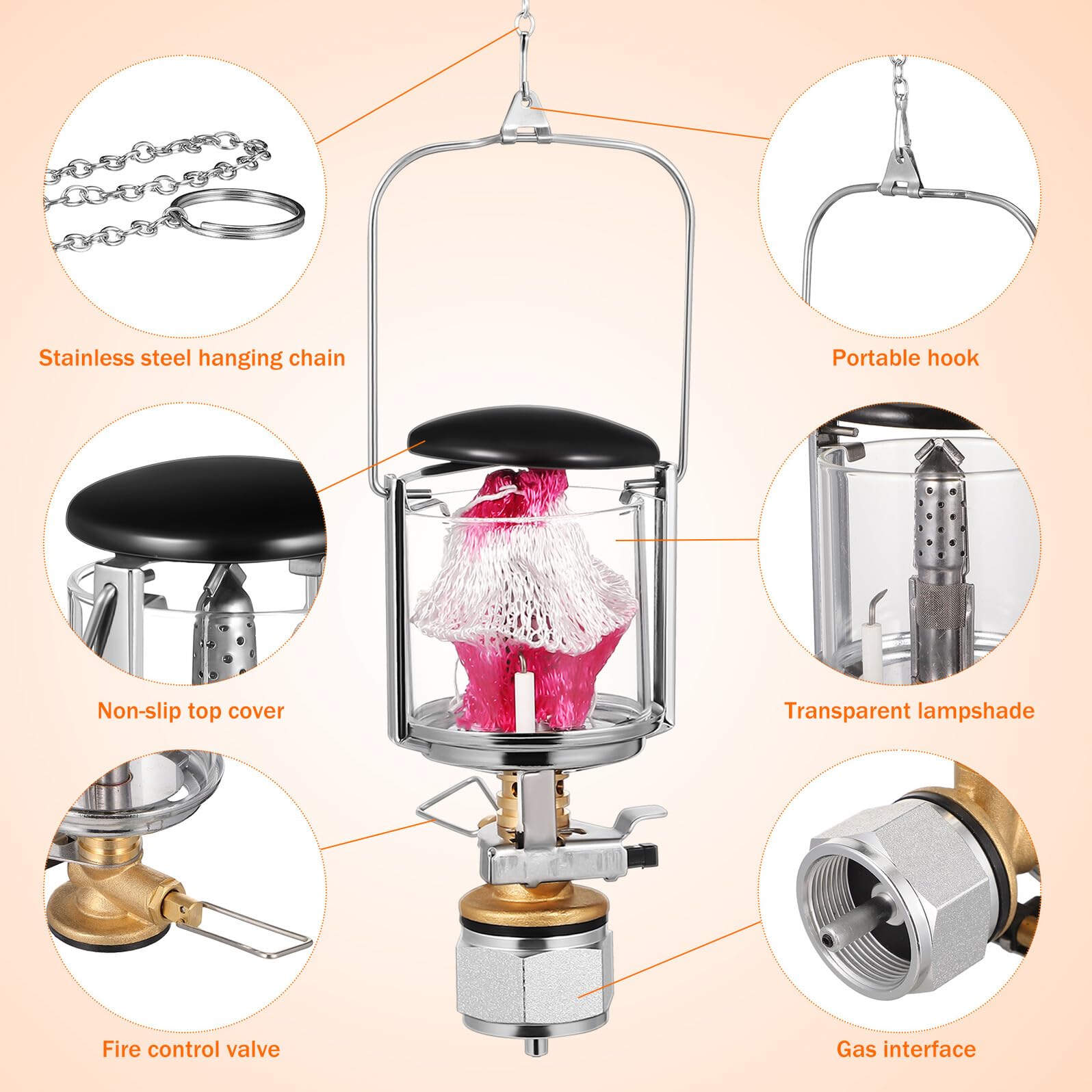 Lampe à Gaz Portative Compatible avec Réservoirs à Gaz Filetés pour Camping Extérieur en Cuivre et Nylon avec Éclairage Puissant Set Complet pour Randonnée