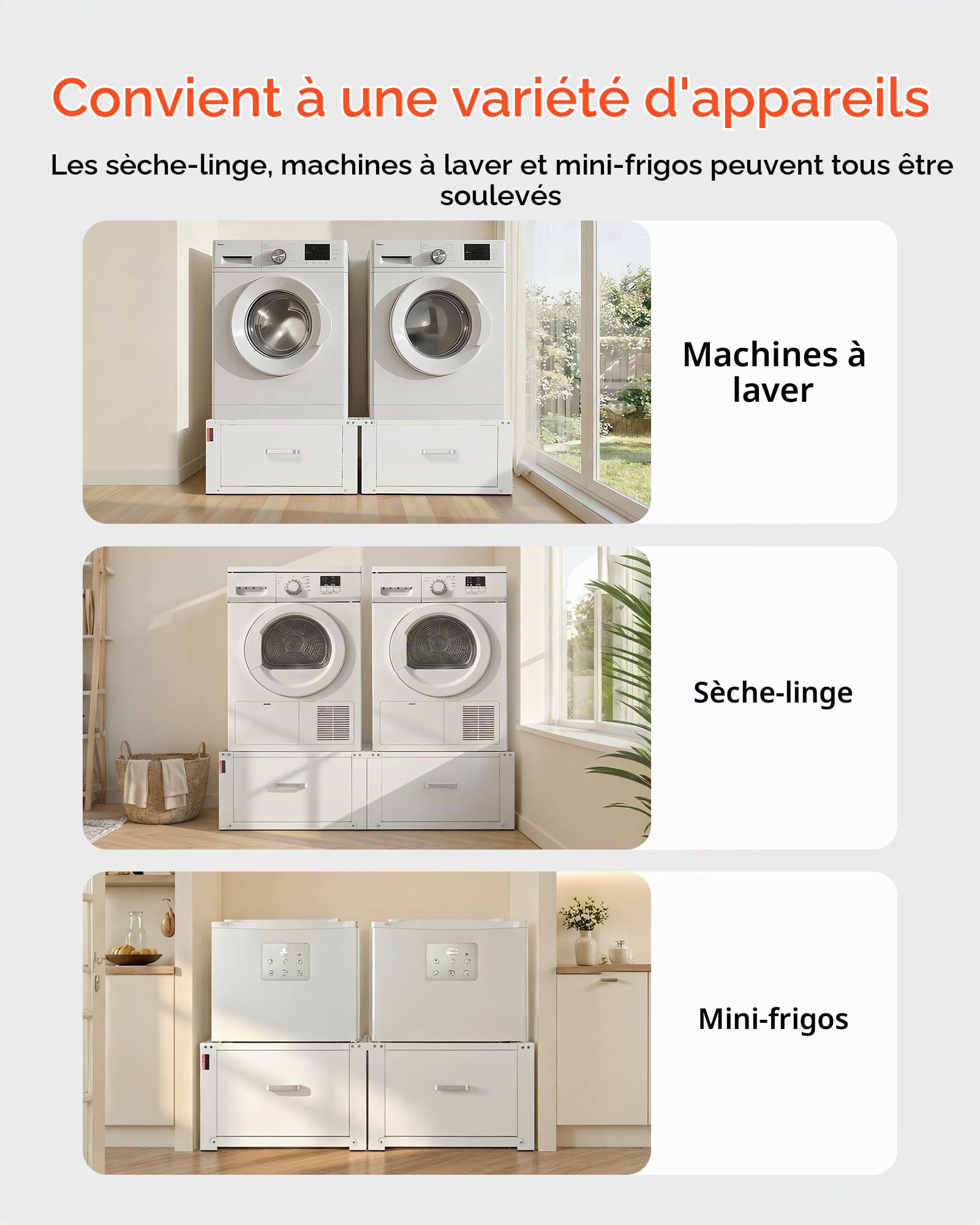 VEVOR Socle Lave Linge Hauteur 31 cm Support Machine à Laver Charge 150 kg Rehausseur à Tiroir pour Sèche-linge Réfrigérateur Compact Buanderie, en Acier Robuste, Pieds Antidérapants, Blanc, Lot de 2