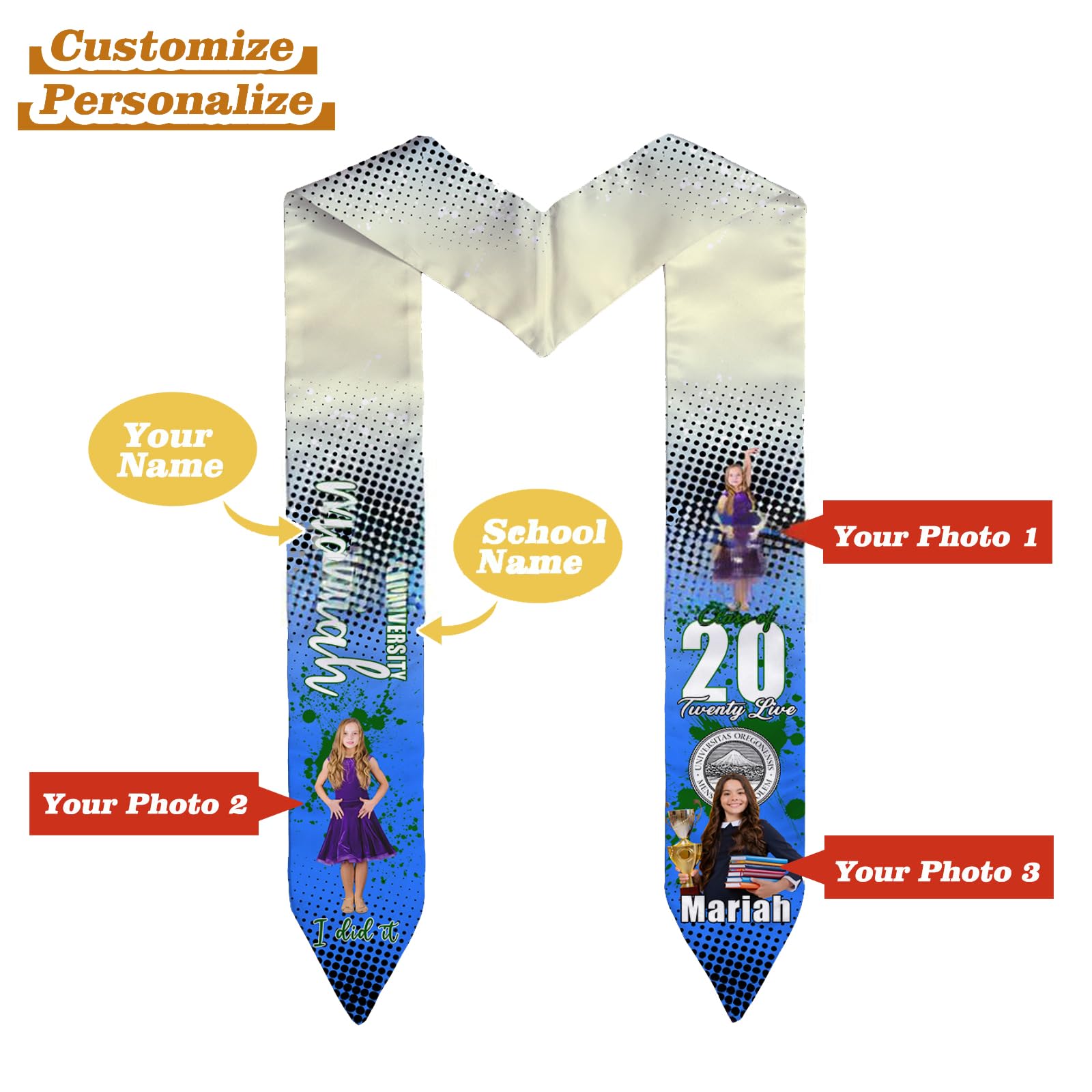 TPFOON Custom Graduation Stole with photos, Your School Colors Personalized,Personalized Text Grad Stole Sash,Gift for Graduate,Class of 2025