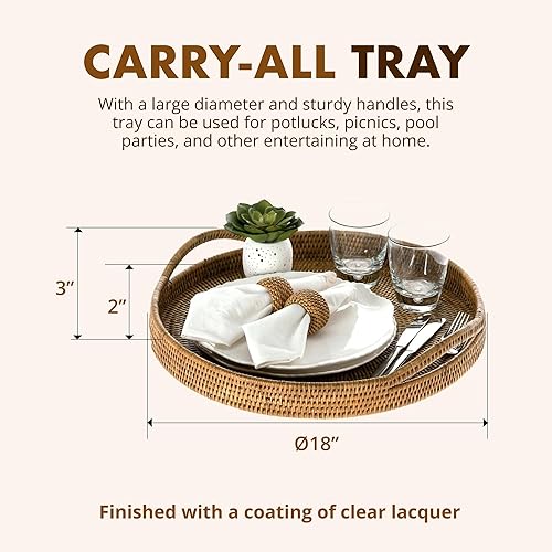 Miniatura 9 de KOUBOO La Jolla, bandeja marrón, bandeja de ratán, bandeja para servir con asas, bandeja de alojamiento, bandeja de fiesta, bandeja otomana, té,