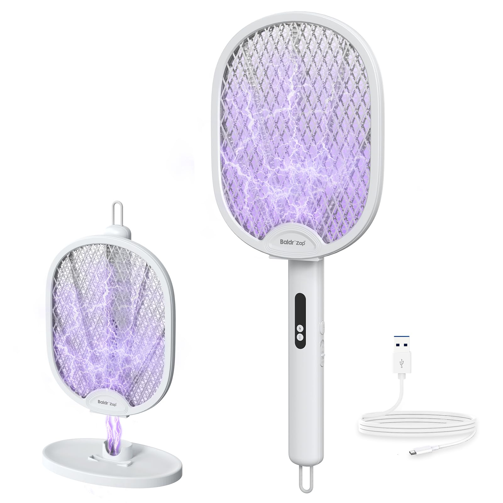 BALDR Electric Fly Swatter Racket, Foldable 2 in 1 Bug Zapper 3000V Powerful Mosquito Killer with Purple Attractant Trap Lamp, 1200mAh Type-C Rechargeable for Indoor Home Office Patio Camping