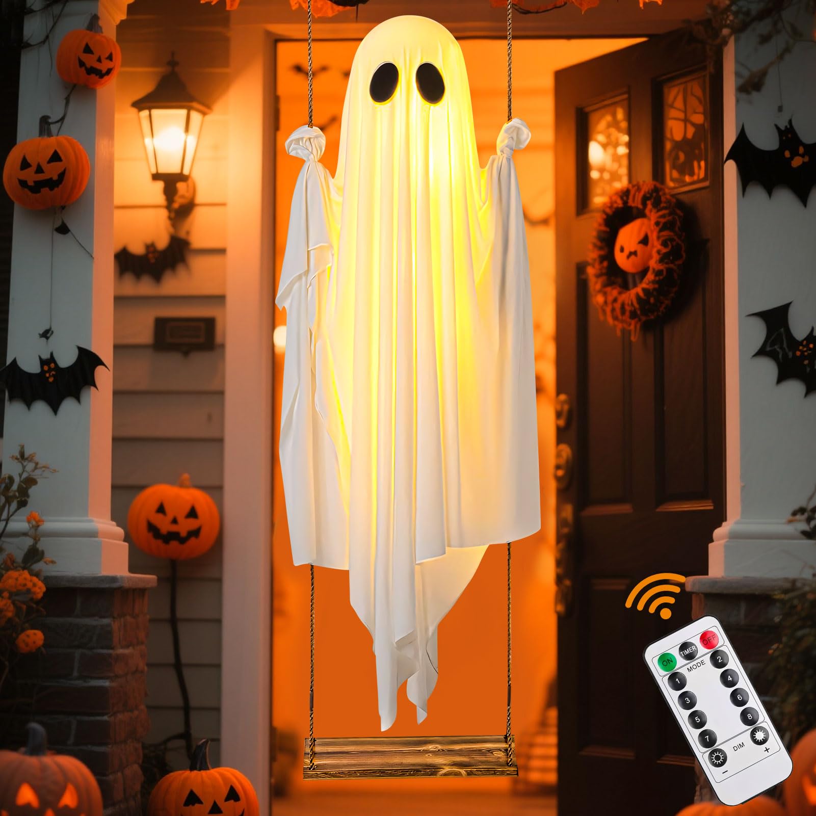Halloween Deko Geister Hängend, 100CM Geist Deko mit Lichterkette Hängende Schaukel Geister mit Fernbedienung Halloween Deko Outdoor Gespenst mit Led Lichter Gruselige Ghost für Veranda Hof Baum (A)