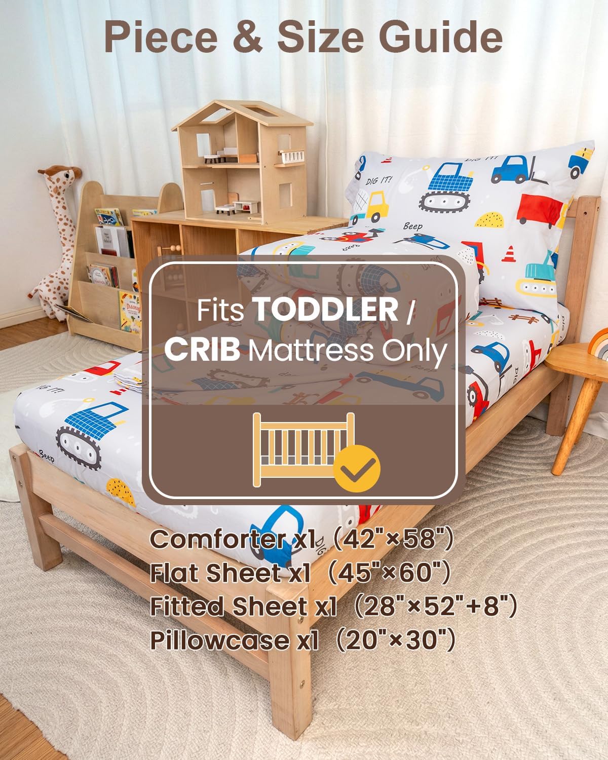 TinyPalsa Toddler Bedding Set, 4-Piece Grey Construction Comforter Set for Girls and Boys, Breathable Crib Bedding Includes Ultra-Soft Quilt, Flat and Fitted Sheets, and Reversible Pillowcase