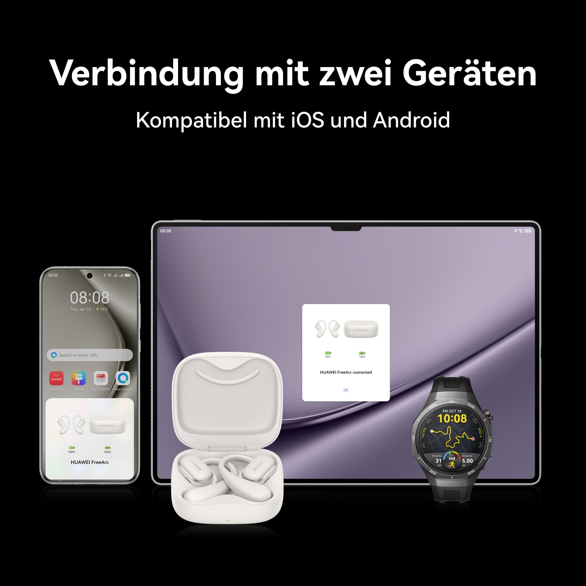 HUAWEI FreeArc Open-Ear Kopfhörer, TWS Bluetooth Sport, Schwarz | Sterling Sound & IP57 Wasserschutz sichern 28h Musik. Ideal für Fitness-Fans beim intensiven schweißtreibenden Workout.