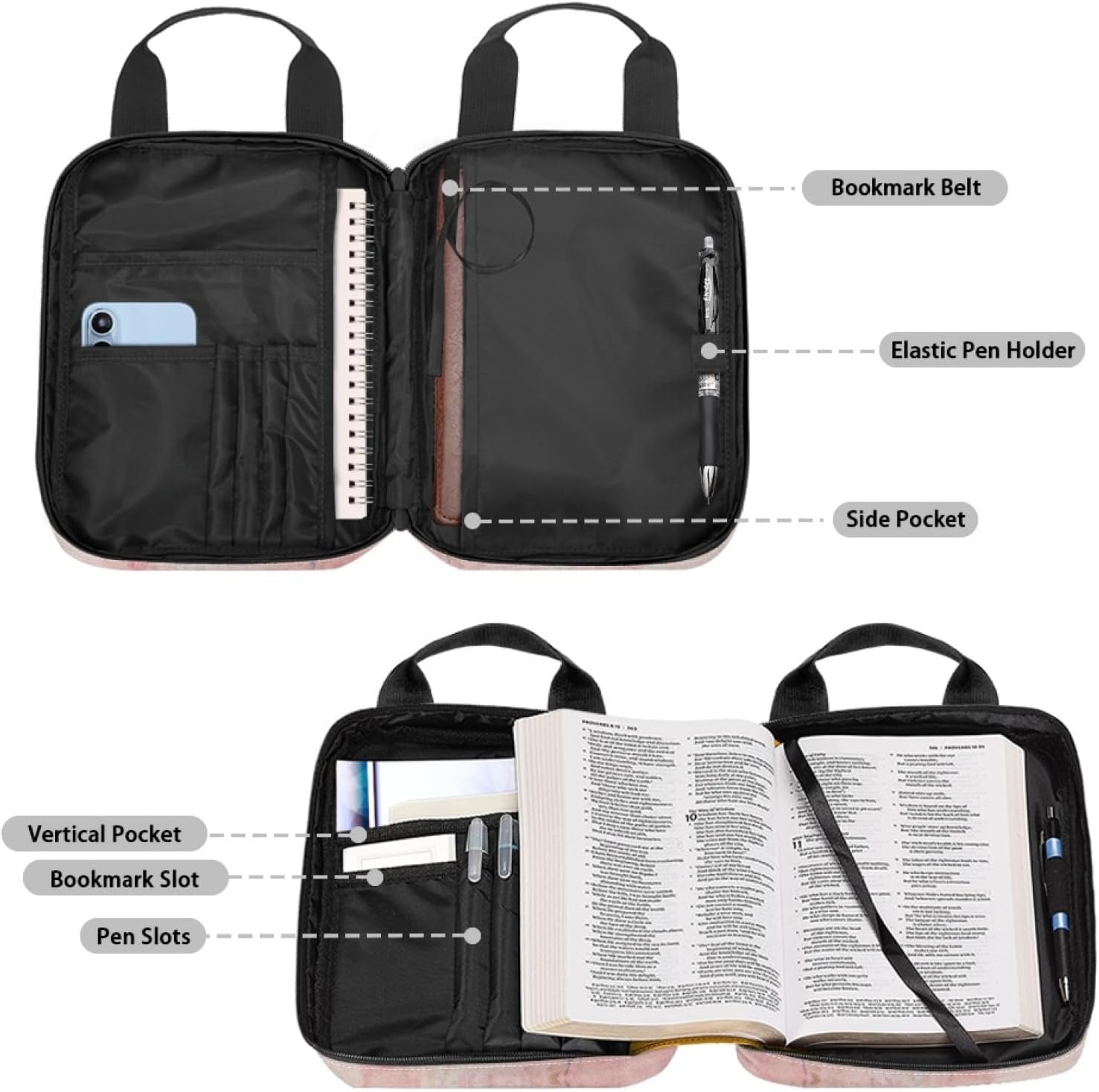 Gentle Pastoral Cross Horse Bible Case for Girls Bible Tote Bag Large Zippered Bible Covers with Handle Pockets Lightweight Print Church Book Bag Pink