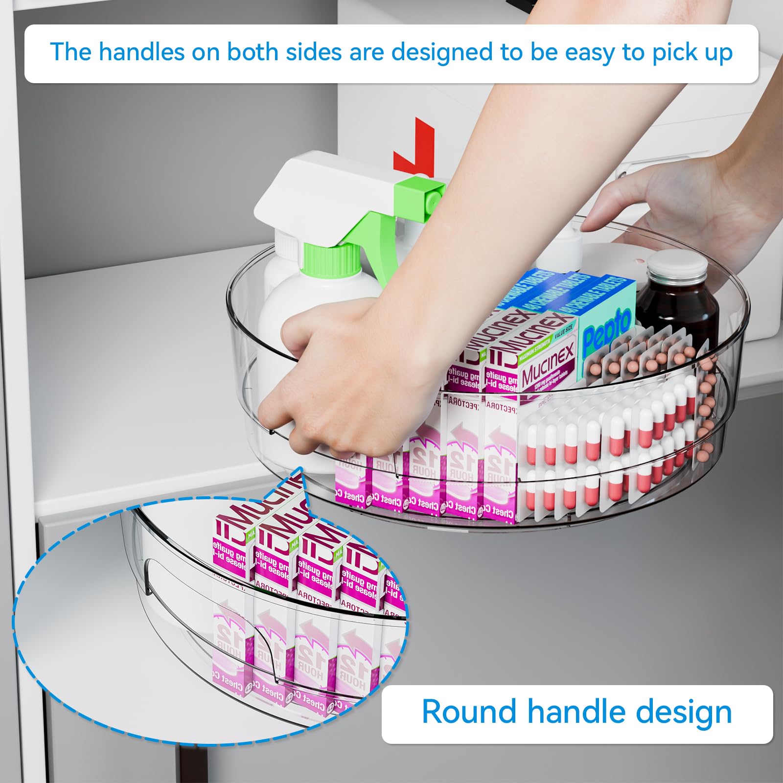 Yieach Lazy Susan Drehteller aus transparentem Acryl, 29,8 cm breit, für Kühlschrank, Schrank – mit Griff – 2 Stück großer Kühlschrank-Sauce Gewürz-Drehtisch-Organizer, drehbares rundes Gewürzregal
