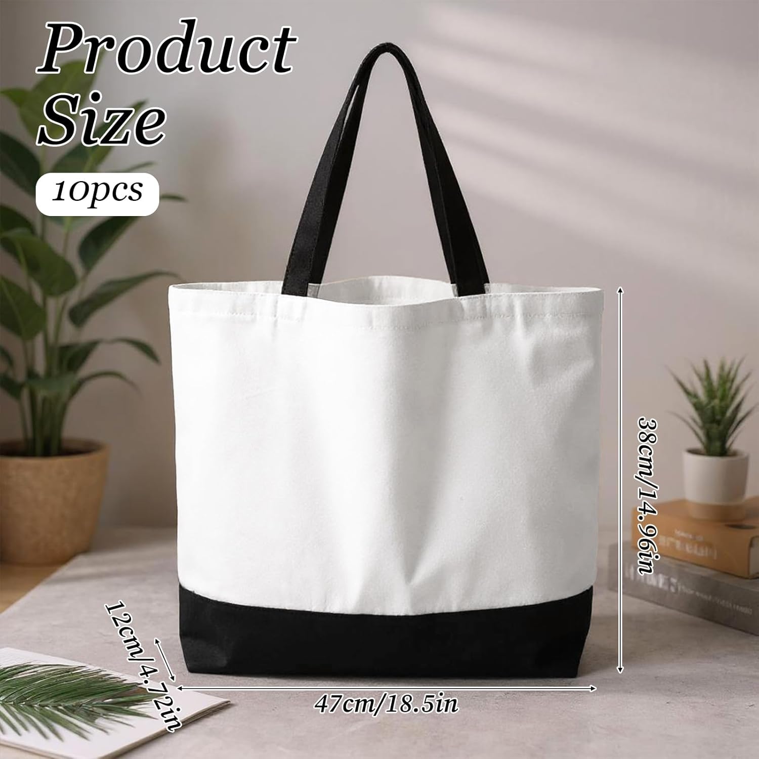 10 Pack Canvas Tote Bags, Heavy-Duty Fabric Reusable Blank Grocery Bag Bulk Large Washable Plain Shopping Bag for Heat Transfer, Sublimation DIY Crafts, Yoga Travel Gym Crafting Painting, Custom Gifts