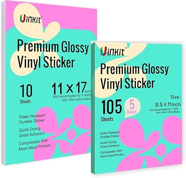 Uinkit 8.5x11 and 11x 17 Printable Vinyl Sticker Paper for Inkjet Printer Cricut,included Glossy Transparent Label Waterproof Adhesive Dries Quickly Tear-Resistant, Removable