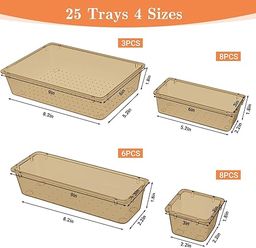 Miniatura 2 de Juego de 25 organizadores de cajones de plástico, 4 tamaños versátiles, bandejas organizadoras y contenedores de almacenamiento para maquillaje,