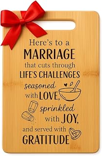 Wedding Gift for Couple - Bamboo Marriage Cutting Board with Quote - Anniversary or Bridal Shower Gift, Newlywed Mr and Mrs Present, Personalized Kitchen Cutting Board, 12” x 8” with Handle