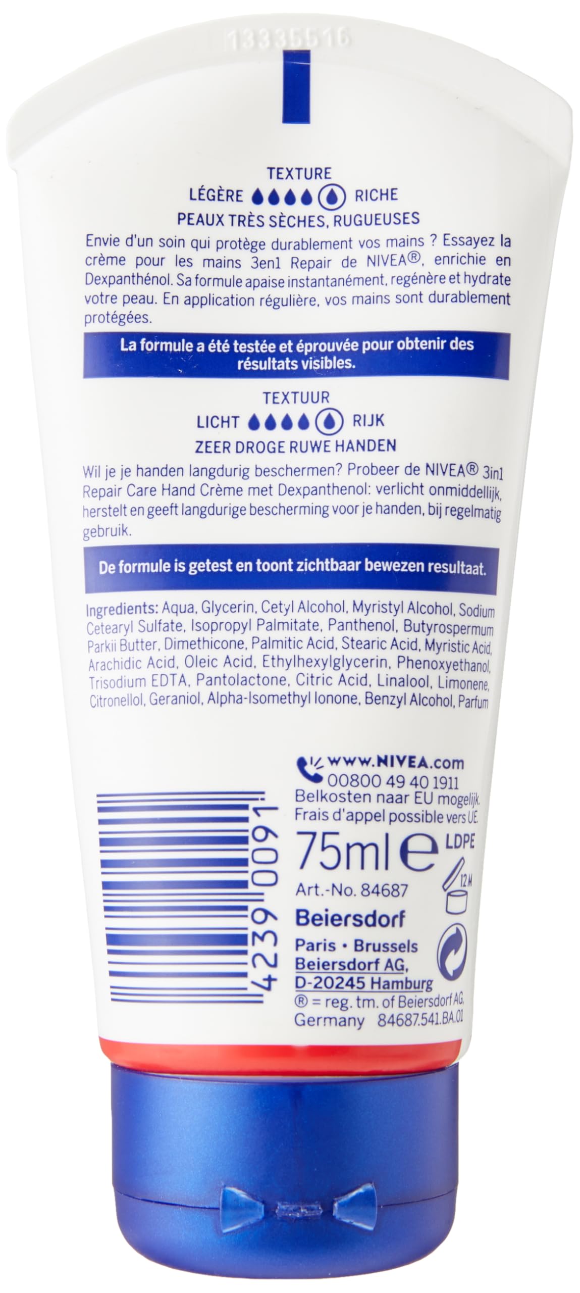 NIVEA Crema Mani 3 in 1 Ripara Pelle Molto Secca e Ruvida (1 x 75 ml), Cura Mani Idratante Formula Ricca e Non Grassa, Crema Idratante Riparante Dexpanthenol