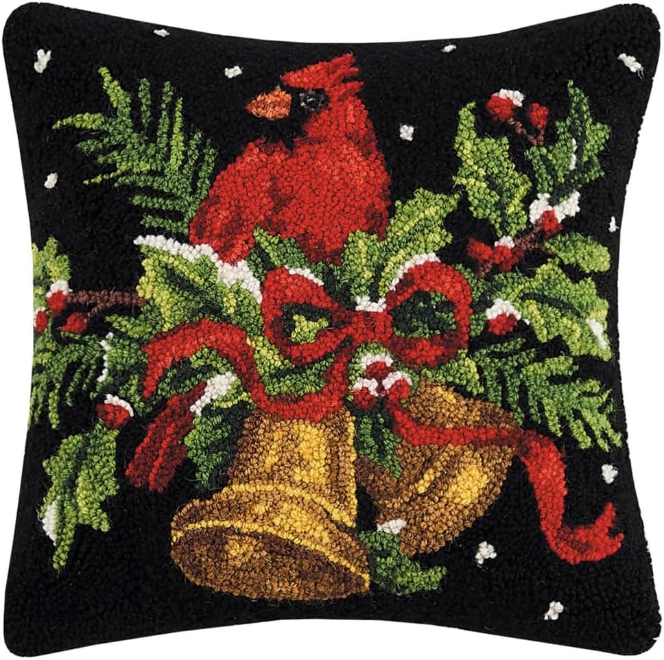 Peking Handicraft 31SJM10129C16SQ Holiday Cardinal with Holly Hook Pillow, 16-inch Square